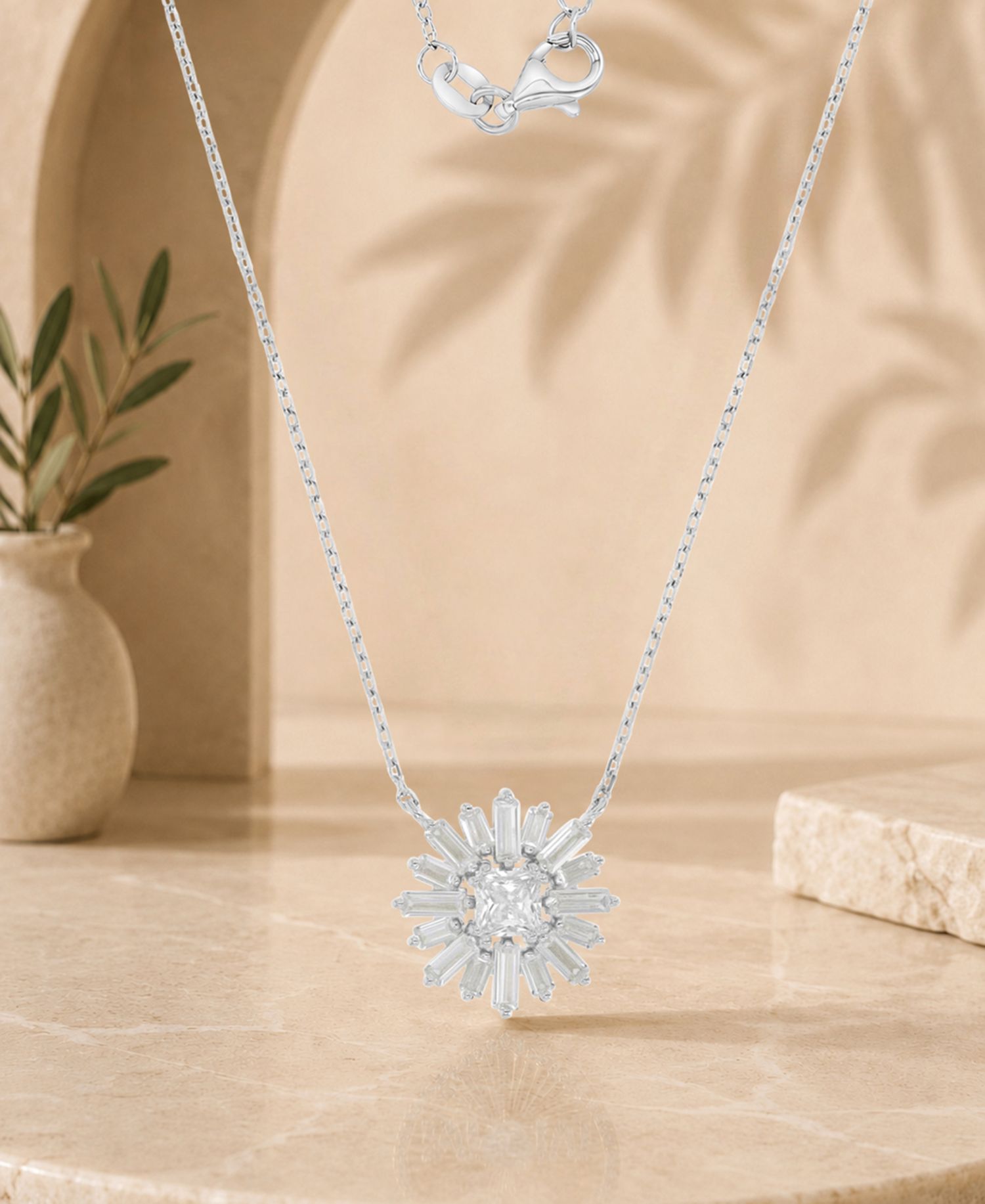 Rhodium Over Sterling Silver Baguette and Princess Cut Cubic Zirconia Sunshine Necklace