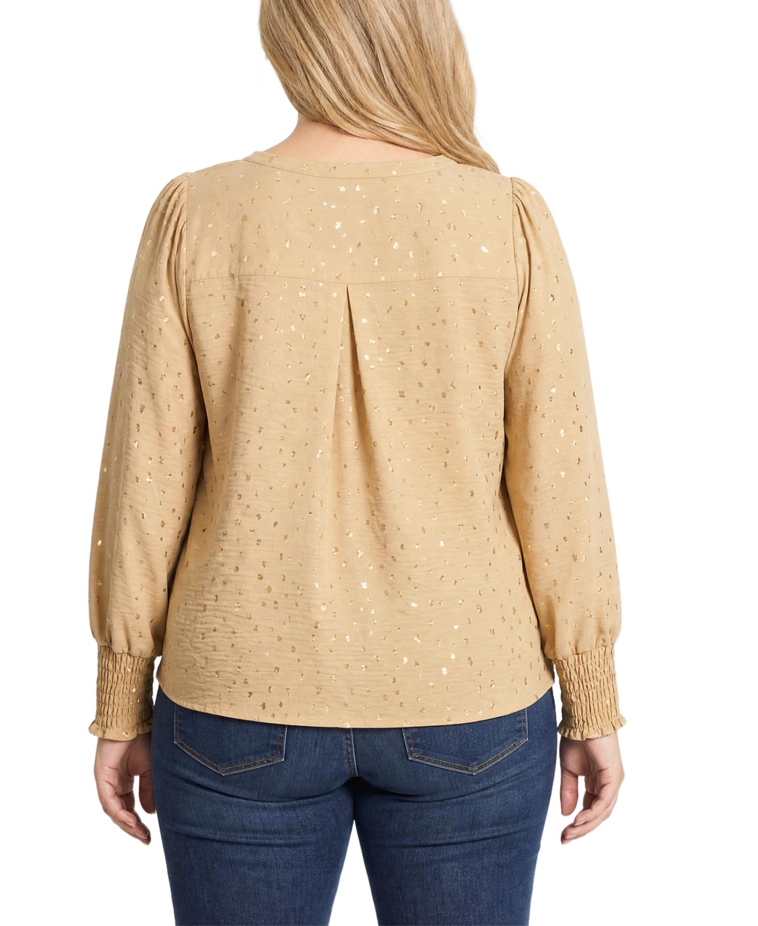 Plus Size Metallic-Dot Long-Sleeve Smocked-Cuff Blouse