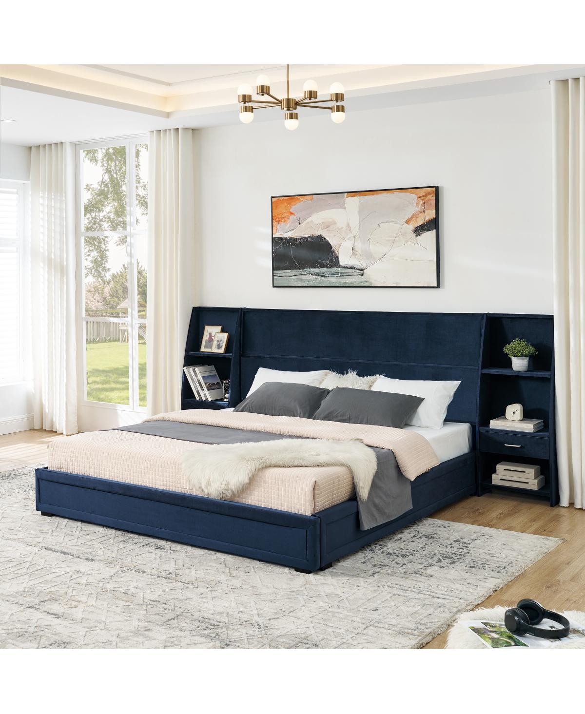Streamdale Furniture King Size Velvet Storage Platform Bed with Bookcases and Drawer
