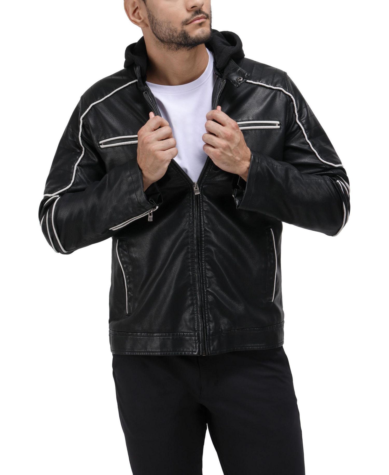 XRAY Men's Grainy PU Moto Jacket With Hood and Faux Shearling Lining