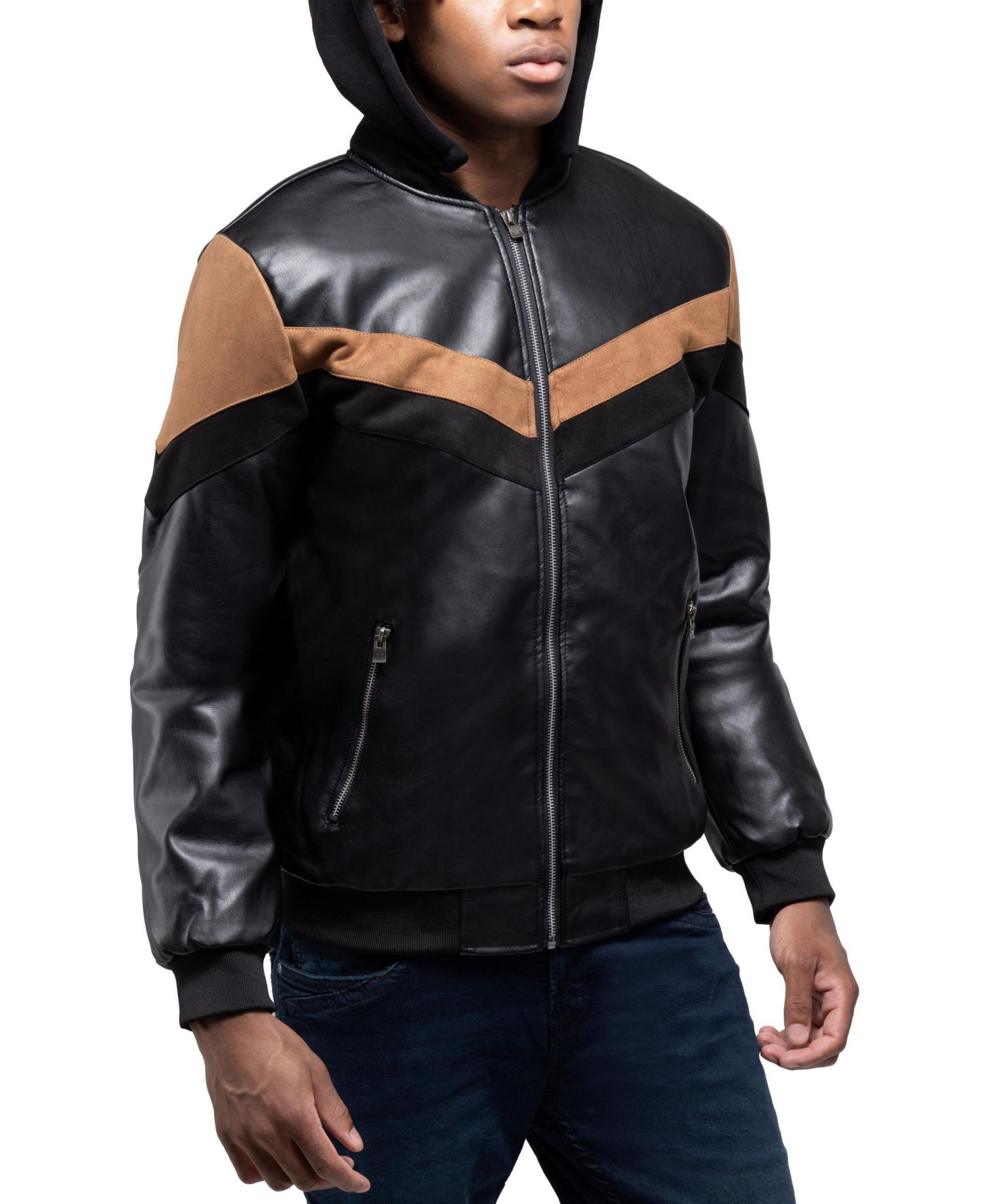 XRAY Men's Shiny PU Hooded Jacket With Faux Suede Detailing And Faux Shearling Lining