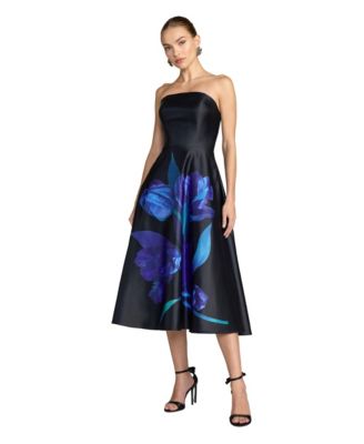 Women's Strapless Satin Midi Dress With Flower Print