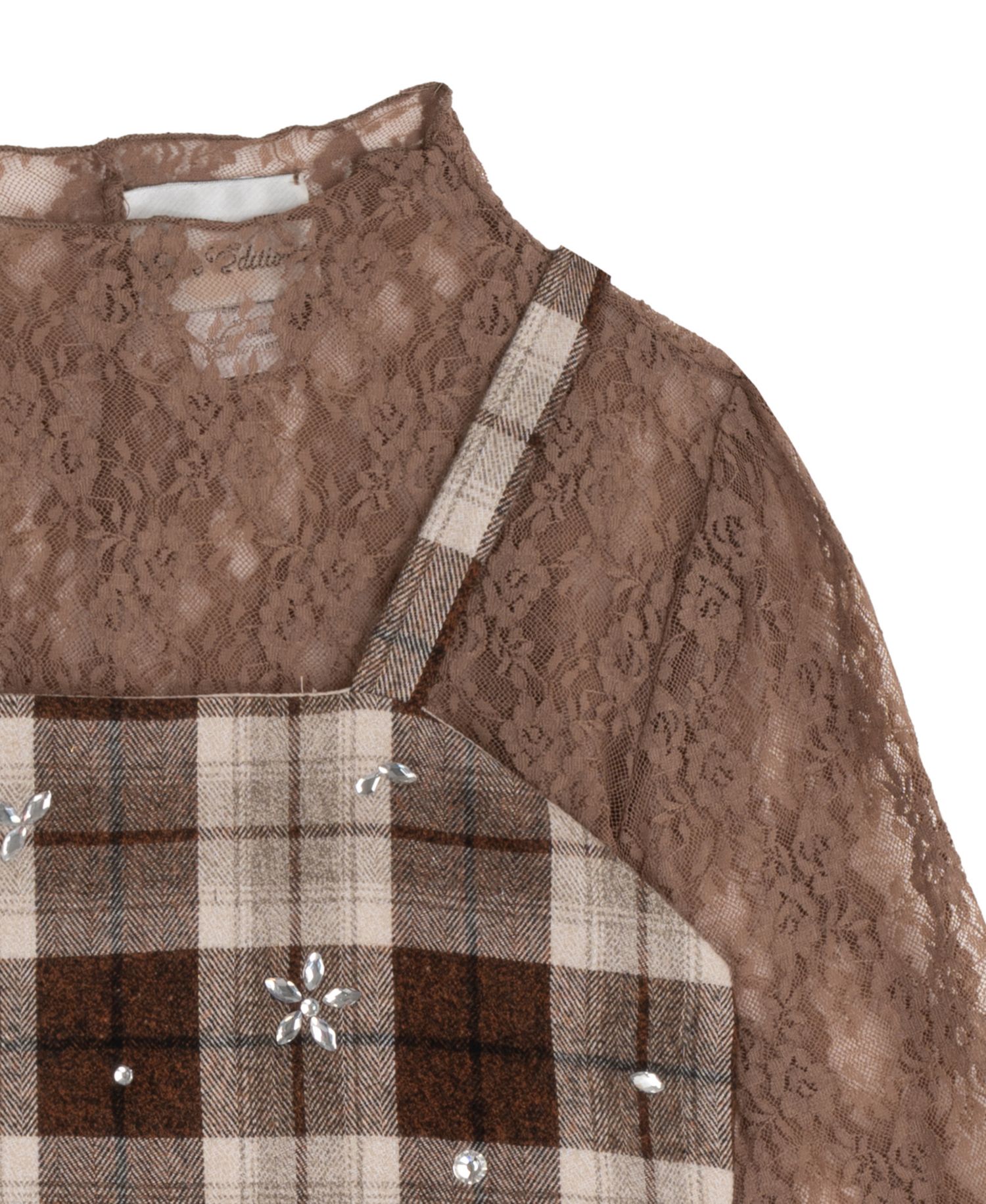 Girls' 7-16 Rhinestone Plaid Jumper and Lace Top, 2-Piece Set