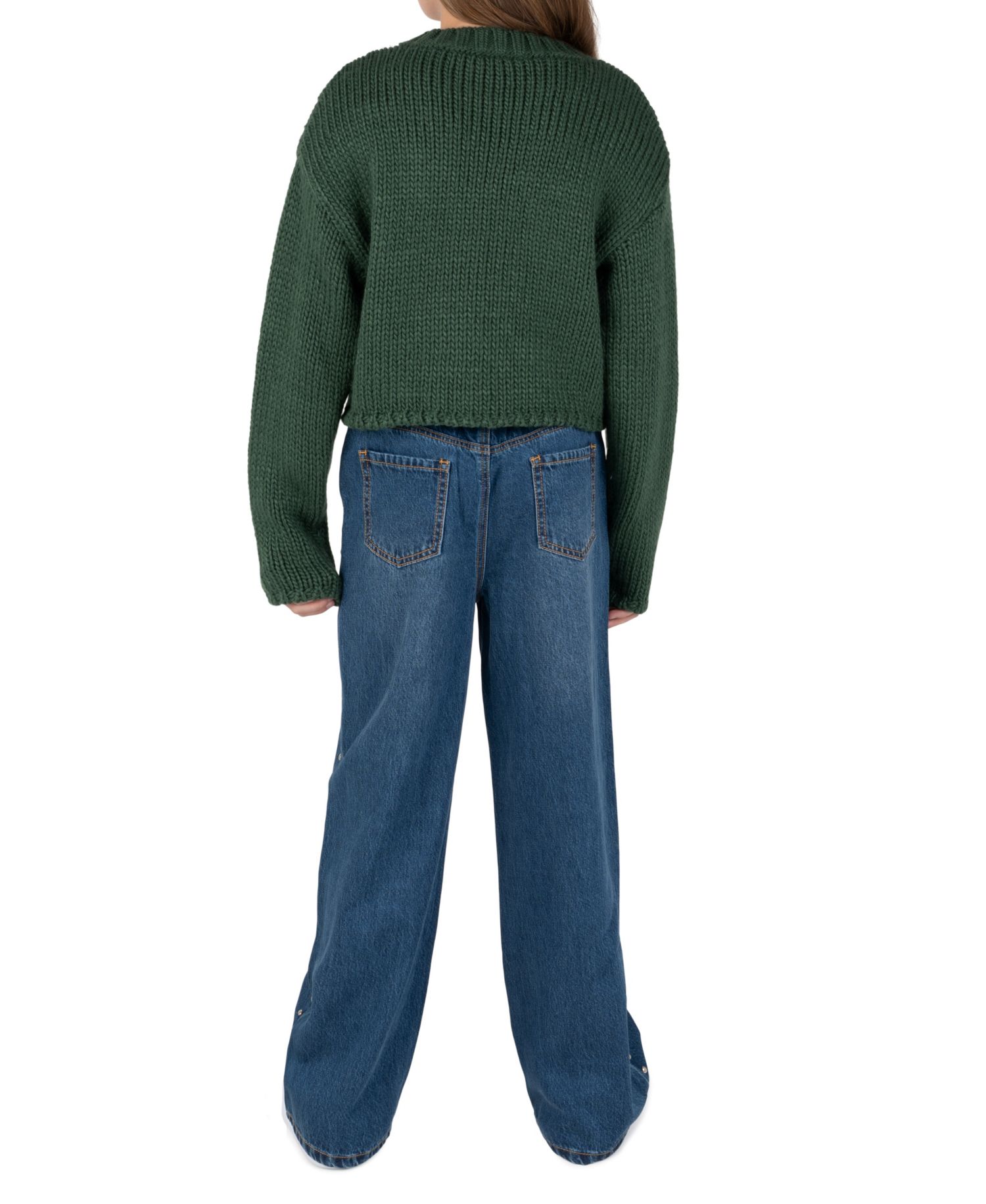 Girls' 7-12 Star Graphic Chunky-Knit Wide-Leg Denim Sweater, Pants and Necklace, 3-Piece Set