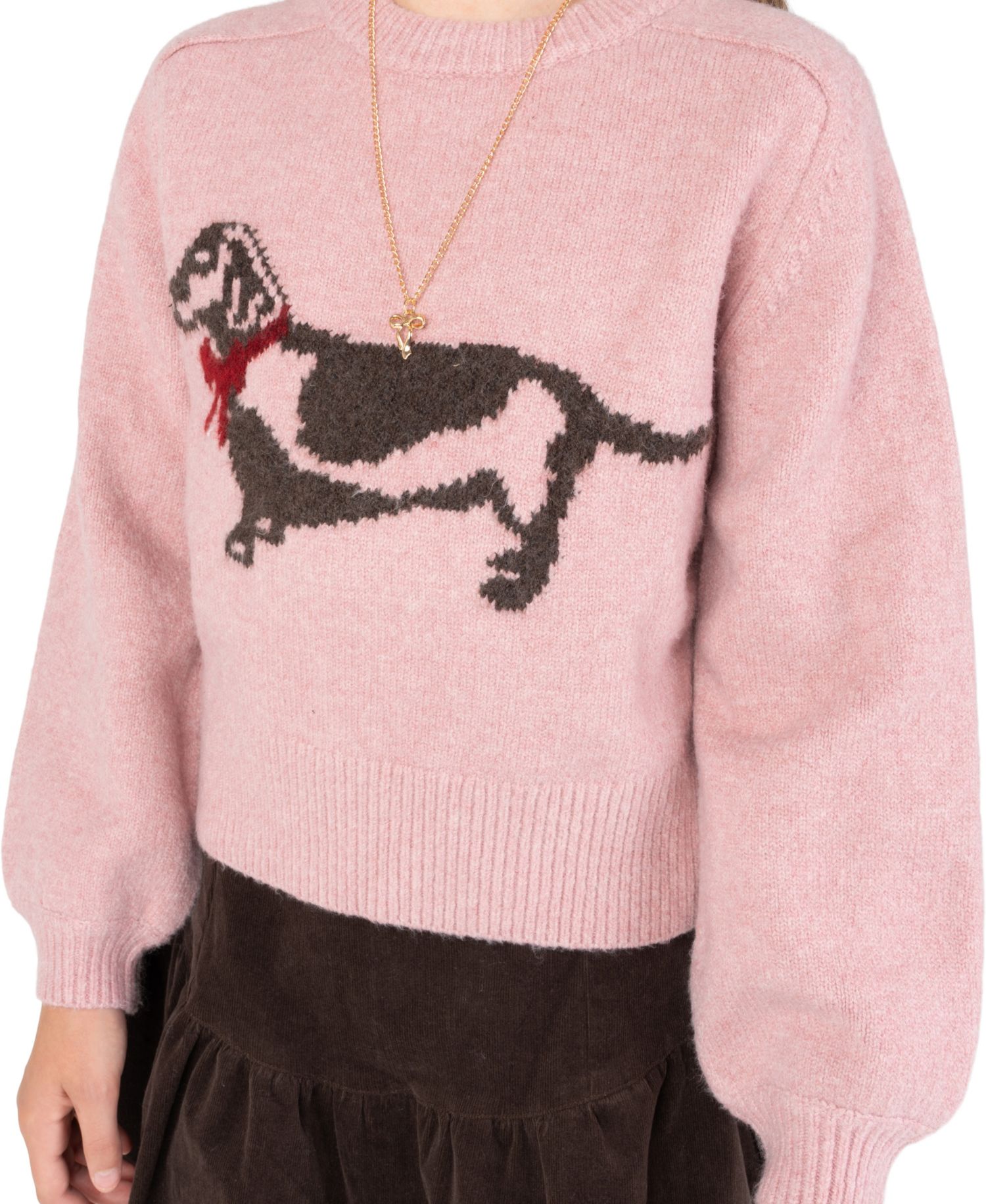 Girls' 7-12 Dog Graphic Brushed Sweater, Corduroy Skort and Necklace, 3-Piece Set