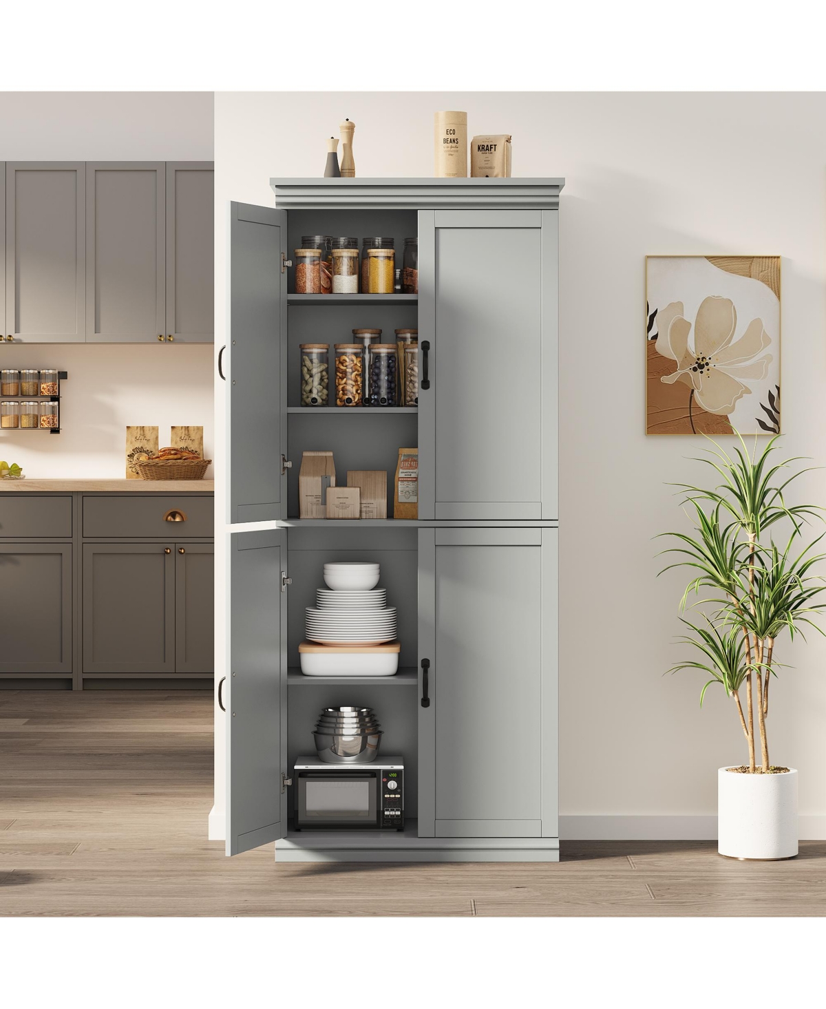 70" Gray Freestanding Pantry Cabinet with Adjustable Shelves and Doors, Tall Kitchen Storage