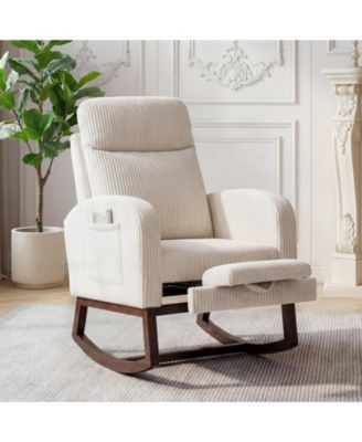 Nursery Glider Rocking Chair with Adjustable High Back, Side Pocket, Stuffed Animal Upholstered Nursing Rocker with Solid Wood Base for LIving Room