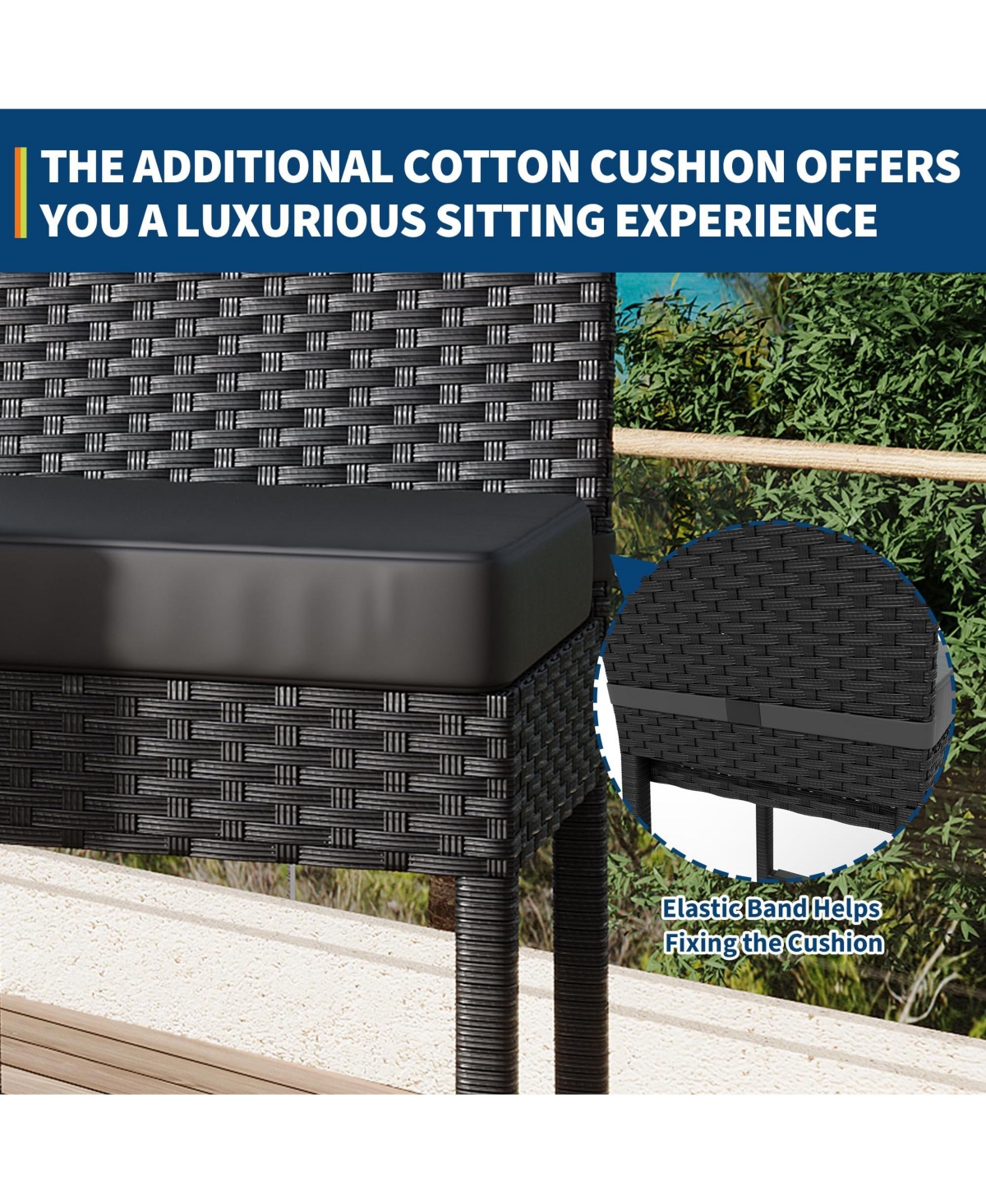 Set of 2 Wicker Outdoor Bar Stools, Counter Height Patio Bar Chairs with Soft Cushions, Backrest, Footrest, Weather Resistant Frame for Yard, Poolside