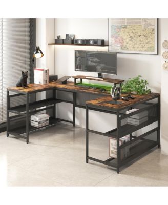 U-Shaped Desk with Power Outlet, LED Strip and Monitor Stand, Vintage
