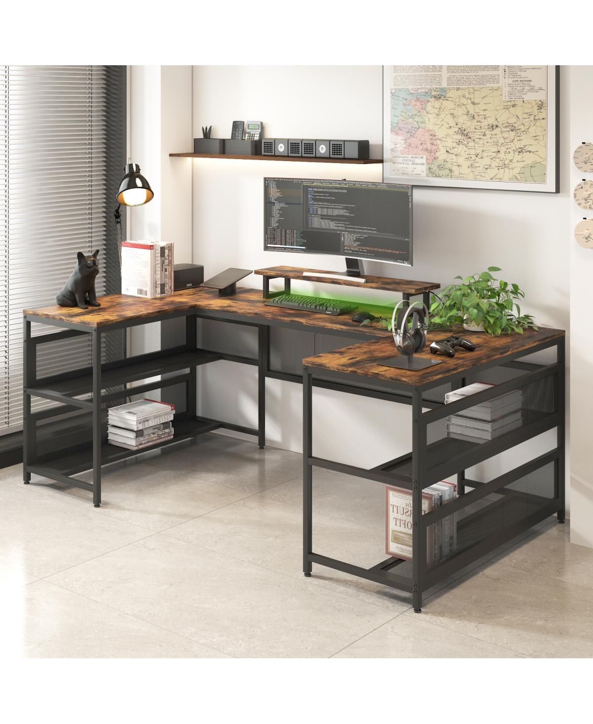 Streamdale Furniture U-Shaped Desk with Power Outlet, Led Strip and Monitor Stand, Vintage - Brown