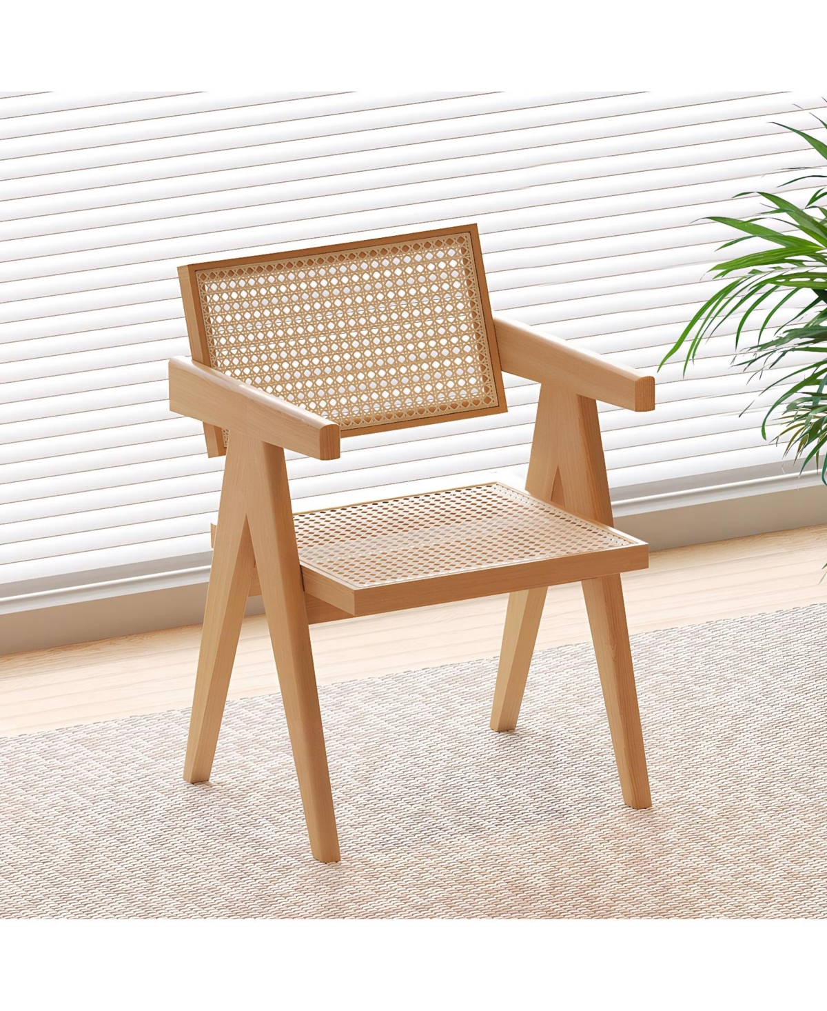 Flynama Modern Mid Century Rattan Accent Dining Chair with Armrests, Wood Finish for Living Room and Dining Room