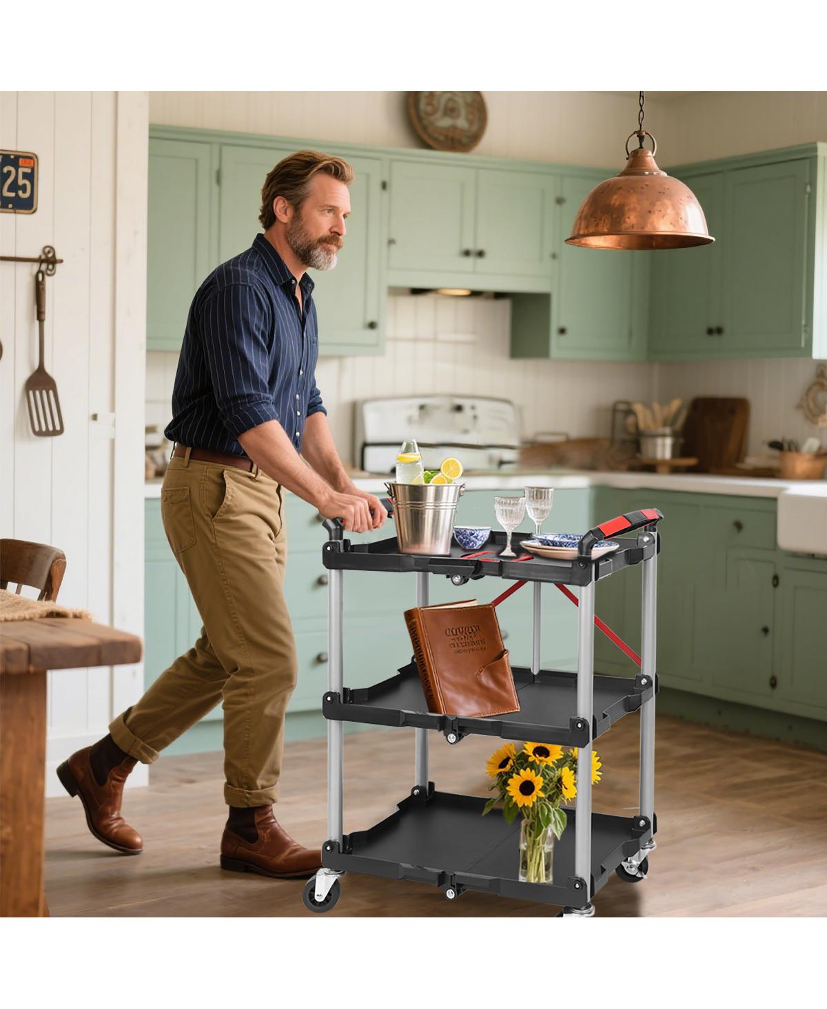 Streamdale Furniture Foldable 3-Shelf Heavy-Duty Utility Cart with Wheels