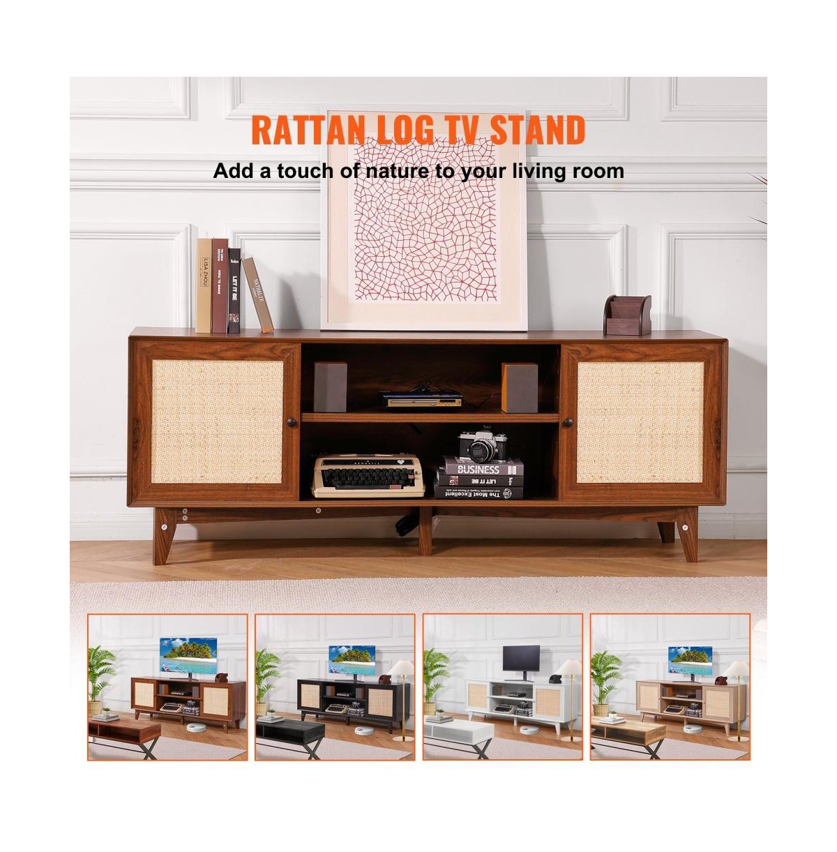 Slickblue Tv Stand with Rattan Door and Storage Shelves, Modern Media Console for Living Room