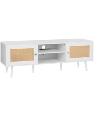 TV Stand with Rattan Doors and Built-In Power Socket, Modern Media Console for Home