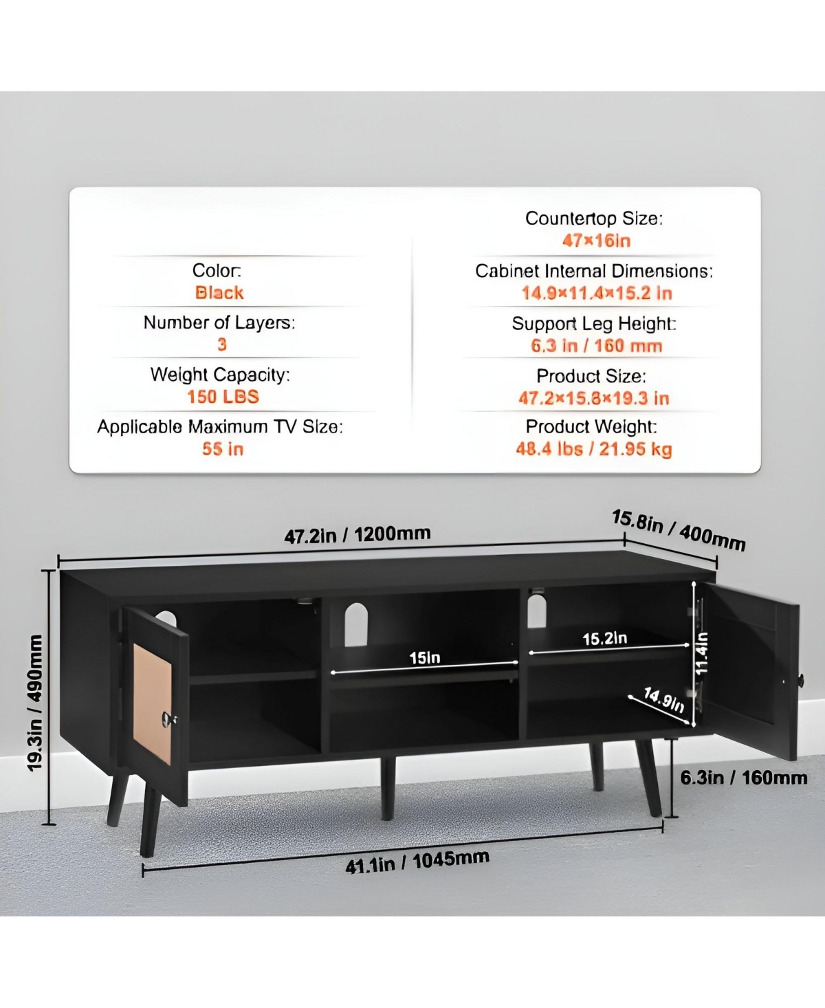 Slickblue Rattan Tv Console with Adjustable Shelves, Media Cabinet Stand for Living Room & Bedroom