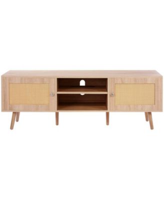 Mid Century Modern Rattan TV Stand with Built-In Socket, Storage Shelves for Living Room