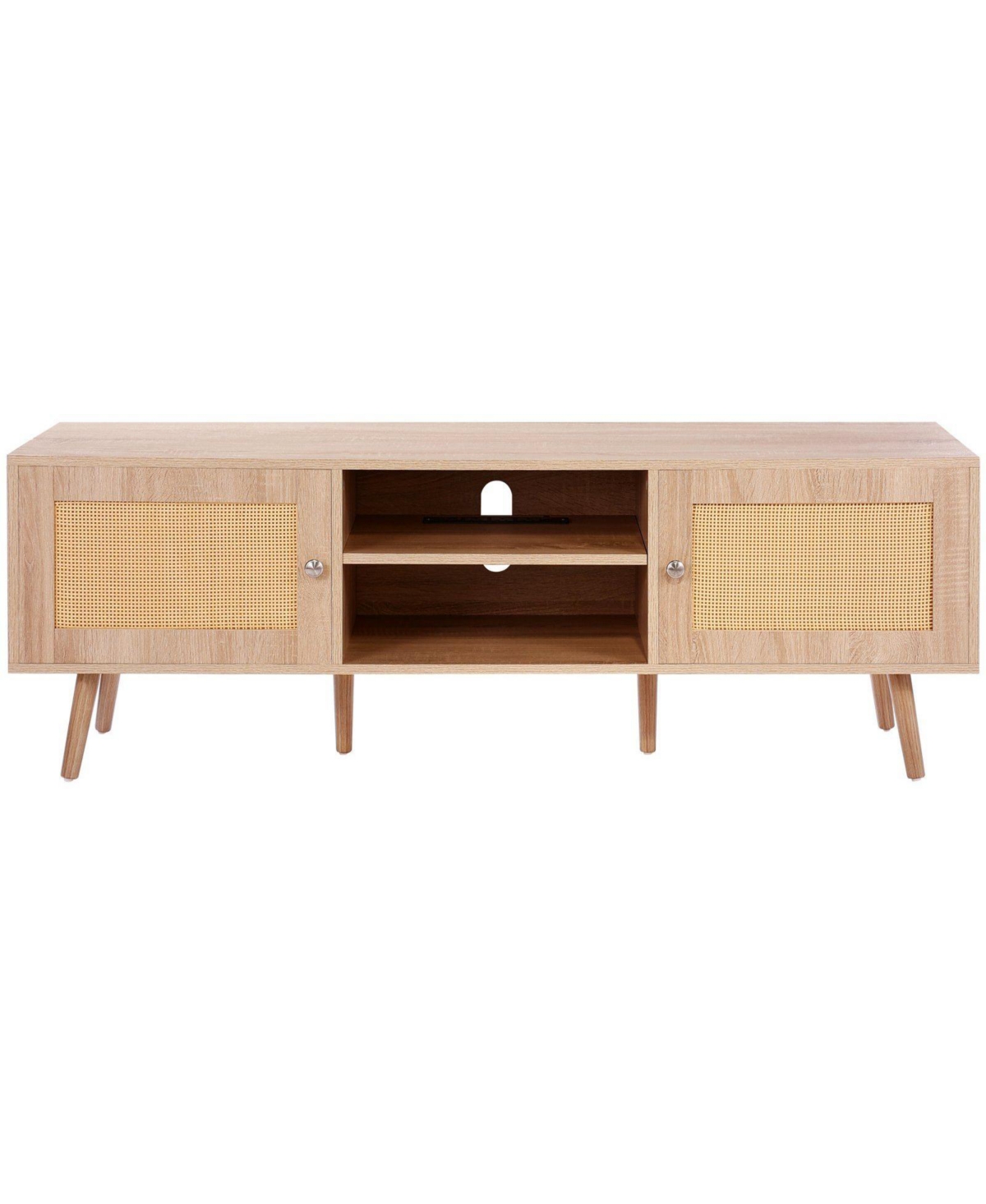 Slickblue Mid Century Modern Rattan Tv Stand with Built-In Socket, Storage Shelves for Living Room