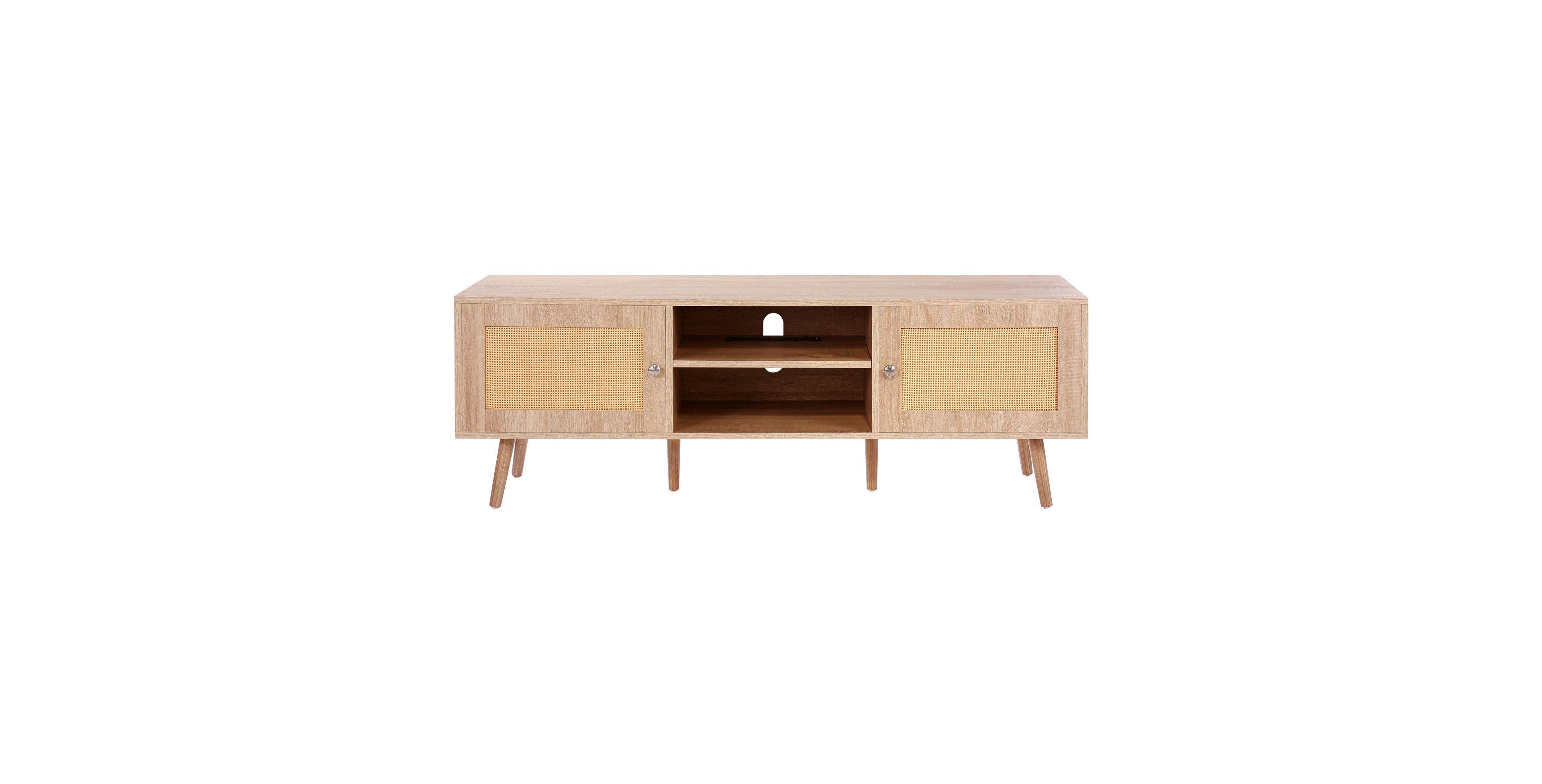 Slickblue Mid Century Modern Rattan Tv Stand with Built-In Socket, Storage Shelves for Living Room