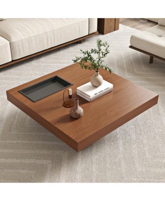 Square Floating Coffee Table with Storage Tray and Steel Legs