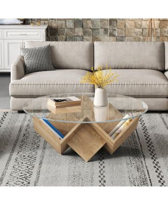Round Glass Coffee Table with Art Deco Base and Storage