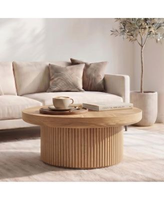 33.5" Fluted Wood Parquet Round Coffee Table