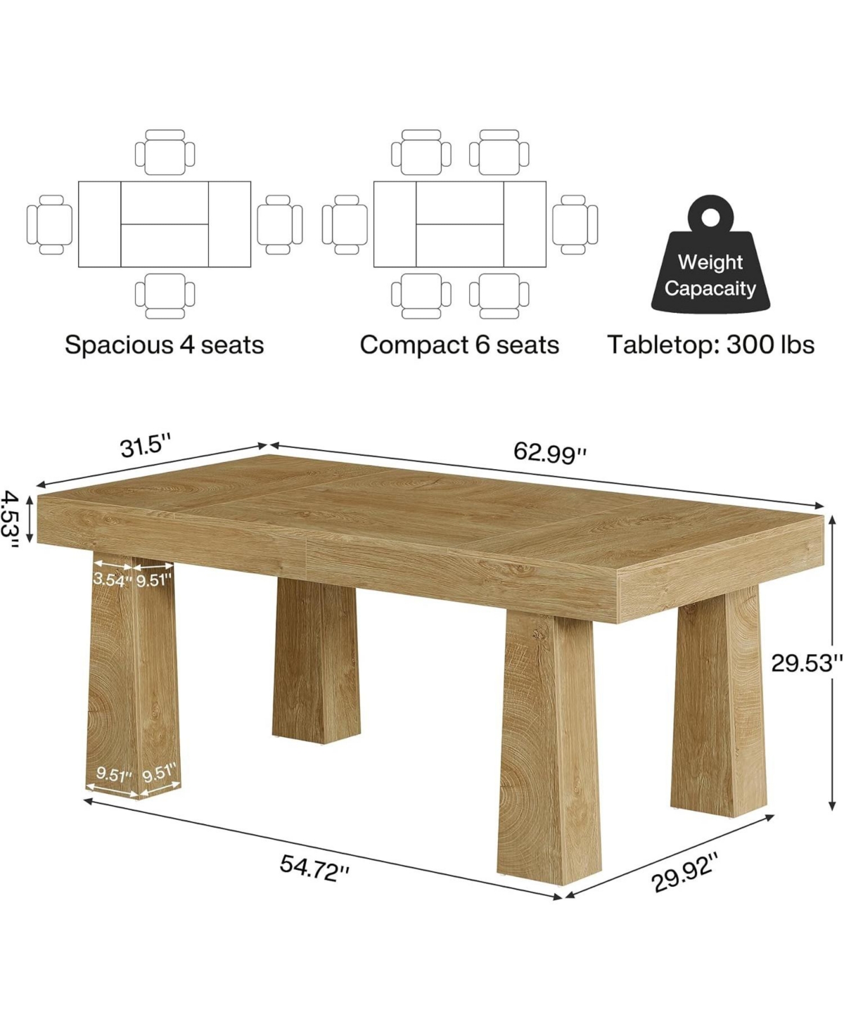 Tribesigns 63 Inch Dining Table for 4-6 People, Modern Rectangular Kitchen Table with Heavy Duty Tapered Legs