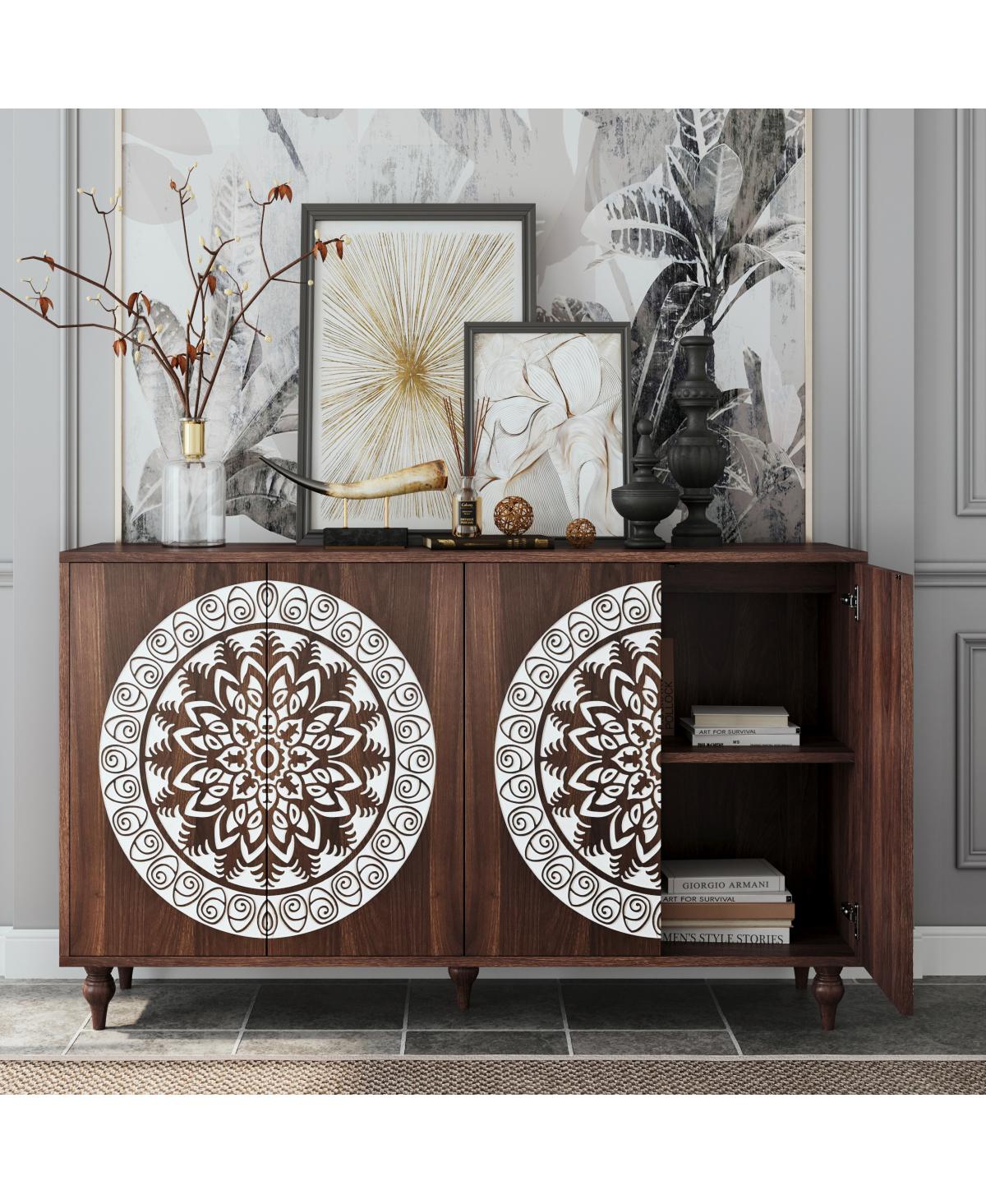 Streamdale Furniture 60" Boho Carved Walnut Sideboard Buffet Cabinet