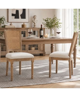  Farmhouse Solid Wood Dining Chairs, Linen Cushion, Set of 2