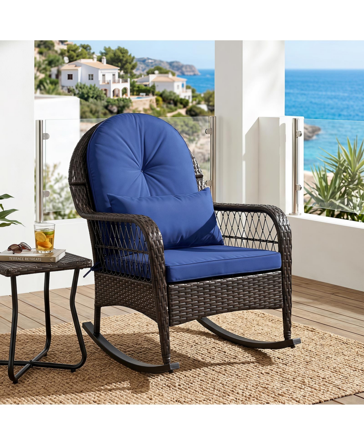 Gymax 2 Piece Outdoor Wicker Rocking Chair 400 Lbs Rattan Rocker Chair with Thick Cushions