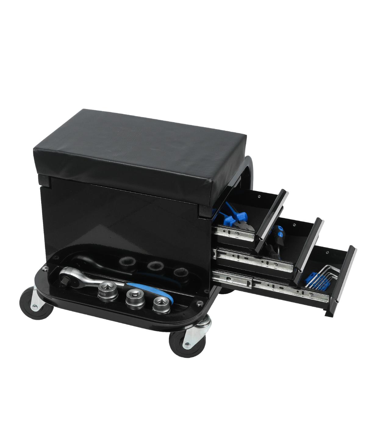 Streamdale Furniture Rolling Garage Creeper Seat with 3 Drawers - Black