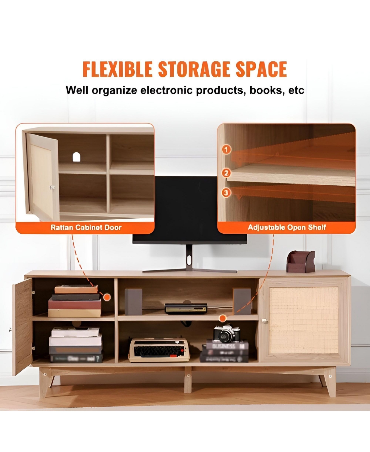 Slickblue Modern Rattan Tv Console with Built-In Power Socket, Storage Shelves for Bedroom and Media Room