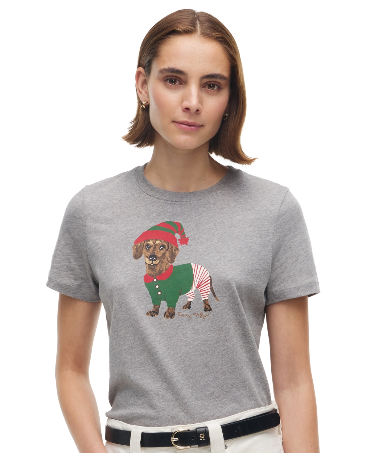 Tommy Hilfiger Women's Holiday Graphic Short-Sleeve T-Shirt - Medium Grey Htr Elf Dog