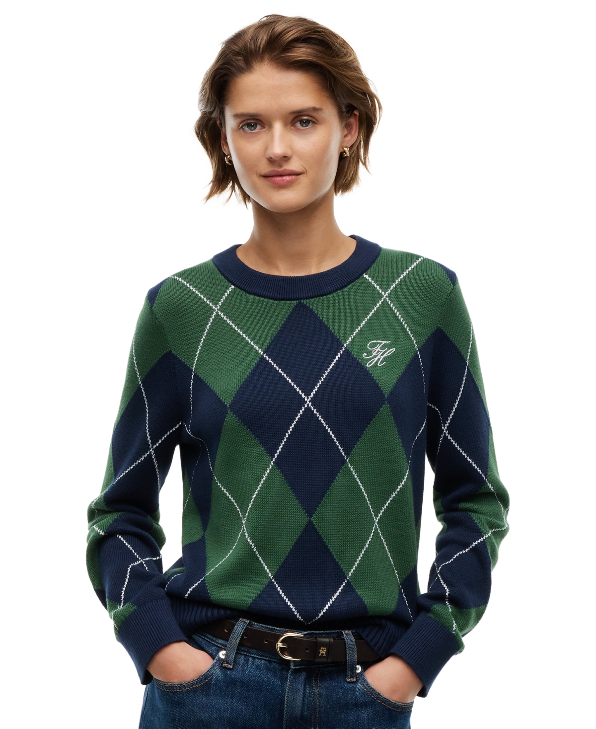 Tommy Hilfiger Women's Tartan Argyle Crewneck Long-Sleeve Sweater