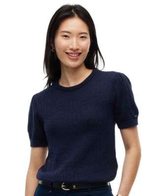 Women's Pointelle Puff-Sleeve Sweater