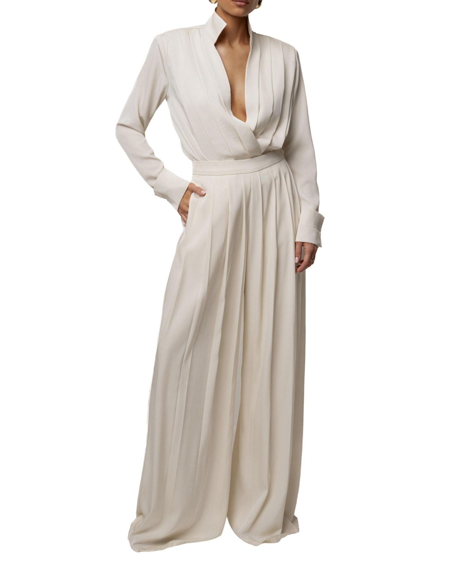 Women's Visionary Pleated Deep-Plunge Long-Sleeve Bodysuit