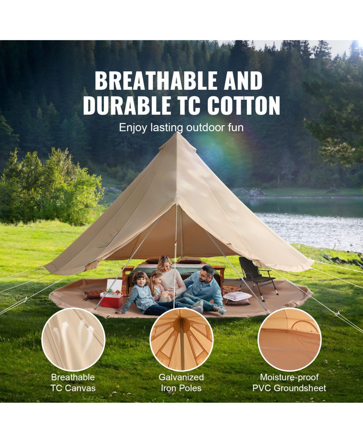 MOUNTAINTOPCanvas Bell Tent, 6m/19.68feet 4-Season Yurt Tent, Stove Jack, Breathable Fabric, Holds Up To 10 People for Camping and Hunting