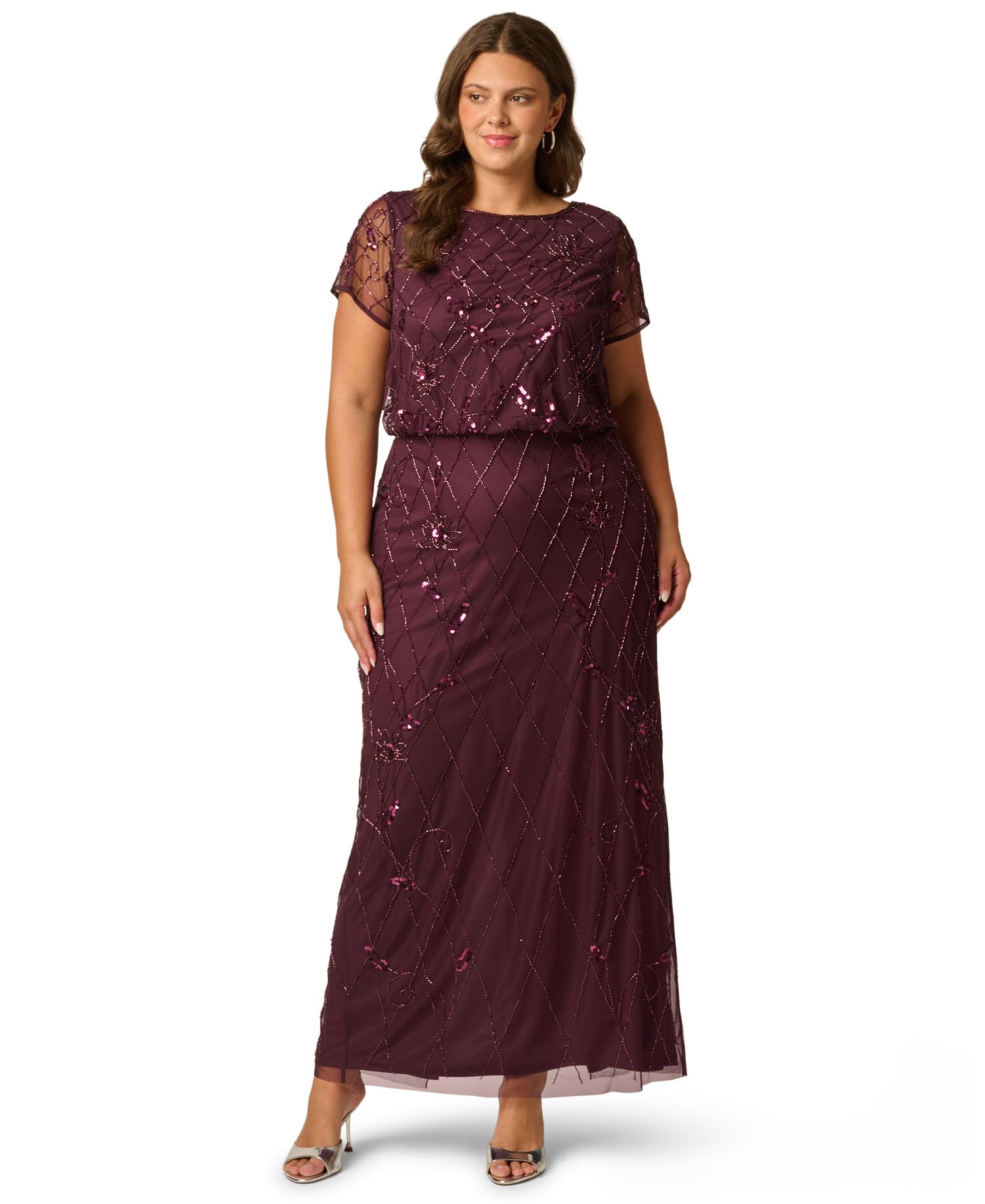 Plus Size Bead Blouson Sequin Short-Sleeve Boat Neck Gown