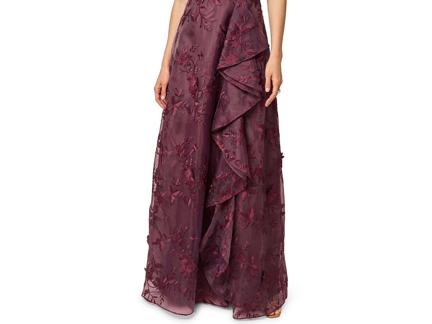 Женские платья Adrianna Papell Petite One-Shoulder Floral-Embroidered Ruffle Gown, цвет: Изюмный — фото 4