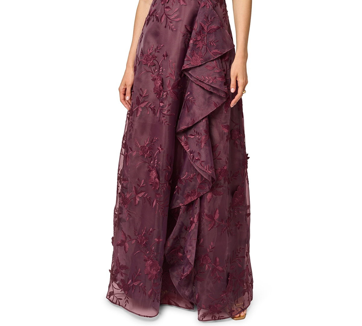 Adrianna Papell Women's Petite One-Shoulder Floral-Embroidered Ruffle Gown