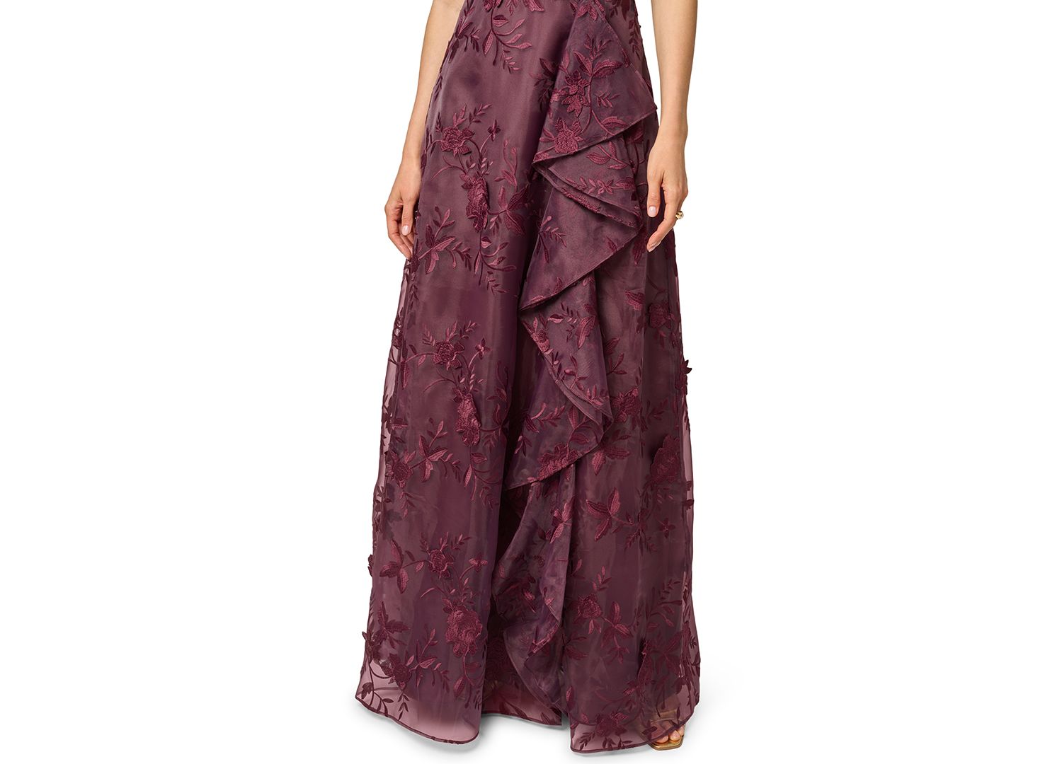 Women's Petite One-Shoulder Floral-Embroidered Ruffle Gown