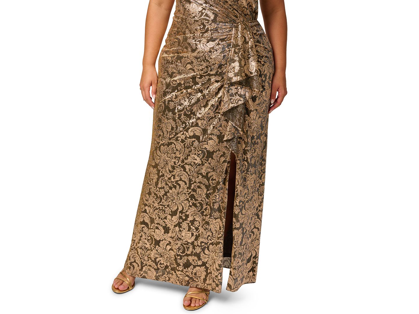Женское платье Adrianna Papell Plus Size Metallic-Crinkle Asymmetrical Floral Gown, цвет: Шоколадный — фото 4