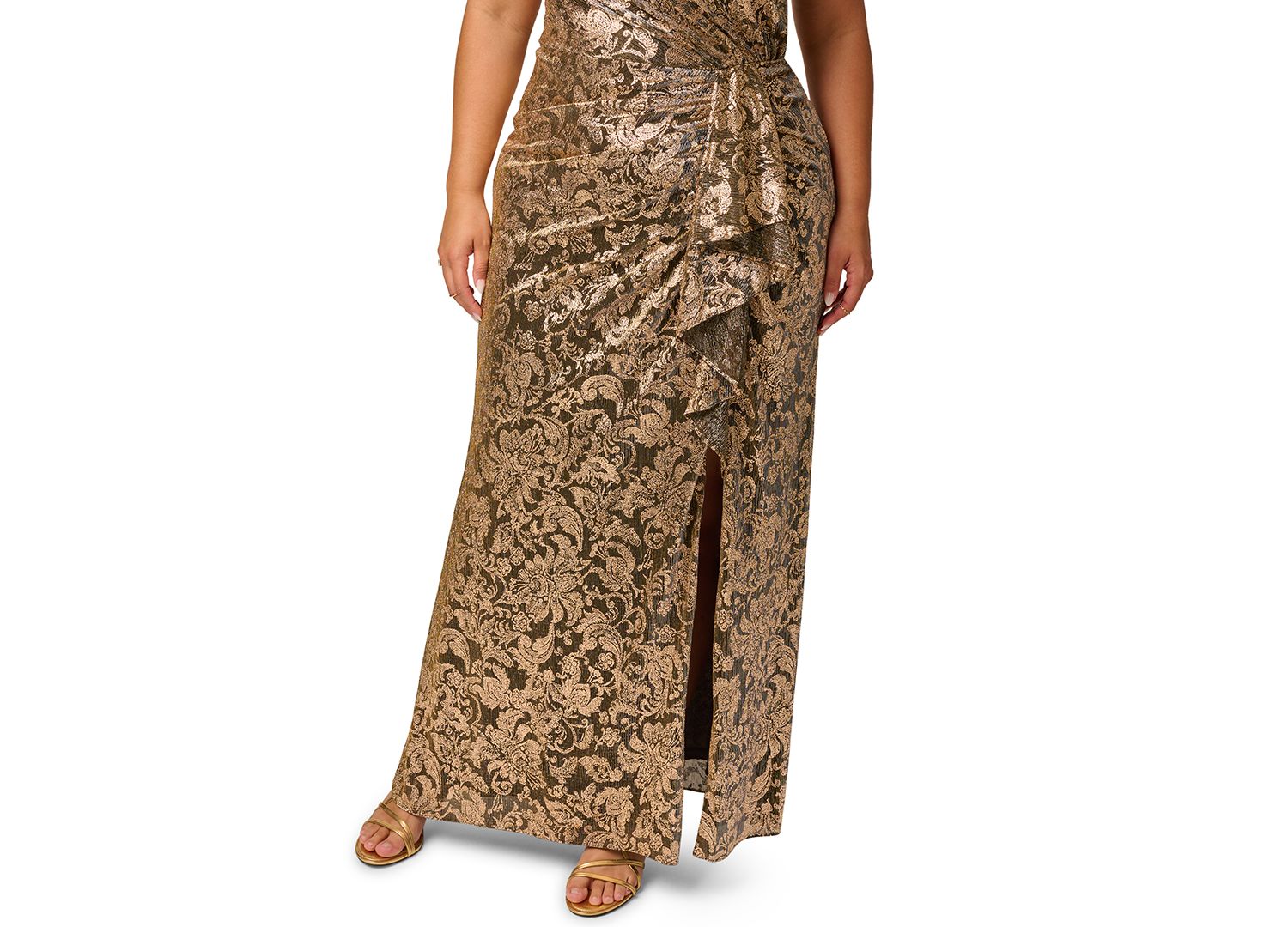Plus Size Metallic-Crinkle Asymmetrical Floral Gown