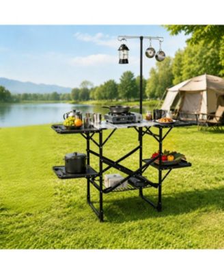  Foldaway Outdoor Cooking Table with Lamp Holder, 4 Side Trays, Mesh Storage Shelf, Cross Brace Support 154lbs for Camping RV Picnic