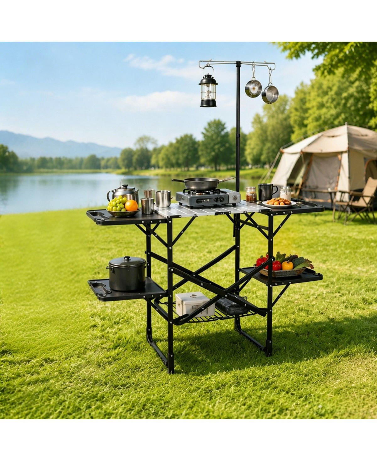 Mountaintop Foldaway Outdoor Cooking Table with Lamp Holder, 4 Side Trays, Mesh Storage Shelf, Cross Brace Support 154lbs for Camping Rv Picnic