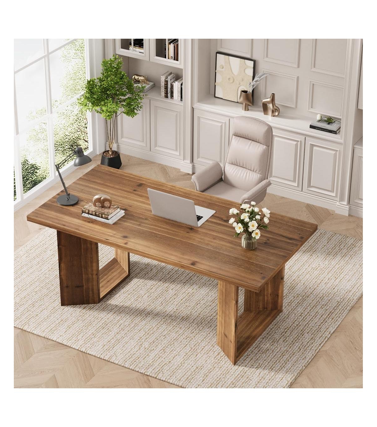 Tribesigns Solid Wood Executive Desk: 63" farmhouse computer desk with large tabletop and wood legs.Workstation for home office,bedroom.