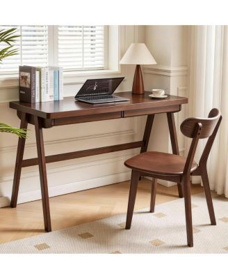 Solid Wood Computer Desk, Retro Walnut Writing Table with Drawer, 47