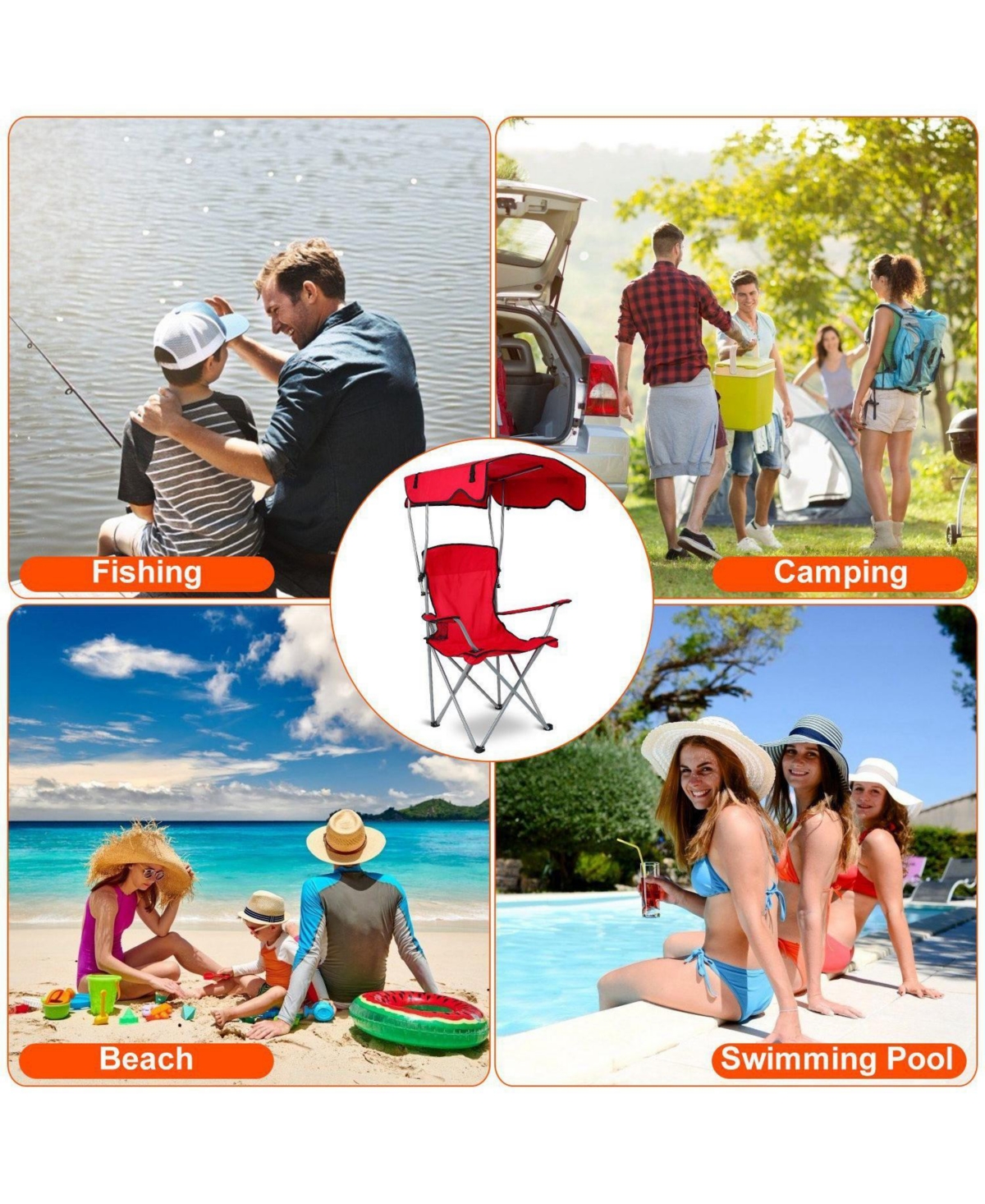 Mountaintop Foldable Beach Canopy Chair Sun Protection Camping Lawn Canopy Chair 330LBS Load Folding Seat with Cup Holder For Beach