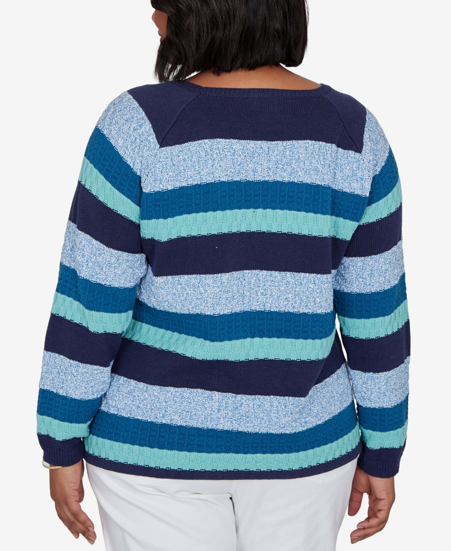 Plus Size Scoop Neck Long-Sleeve Marled-Stripe Pullover Sweater
