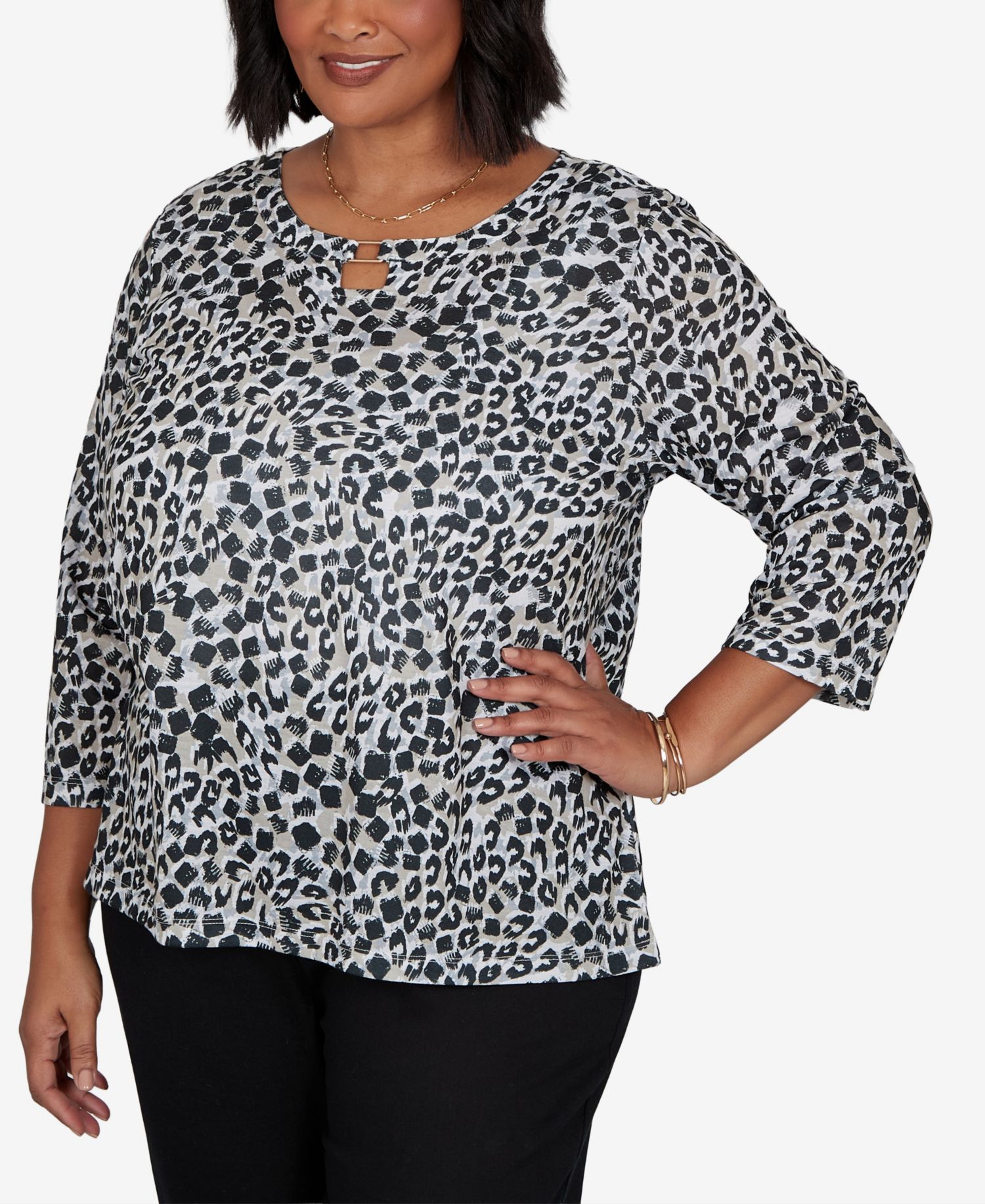 Plus Size Animal-Print 3/4-Sleeve Blouse