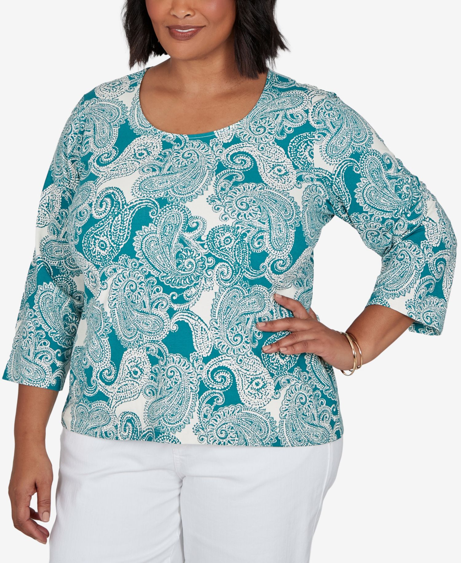 Plus Size Stamped Paisley 3/4-Sleeve Scoop Neck T-Shirt